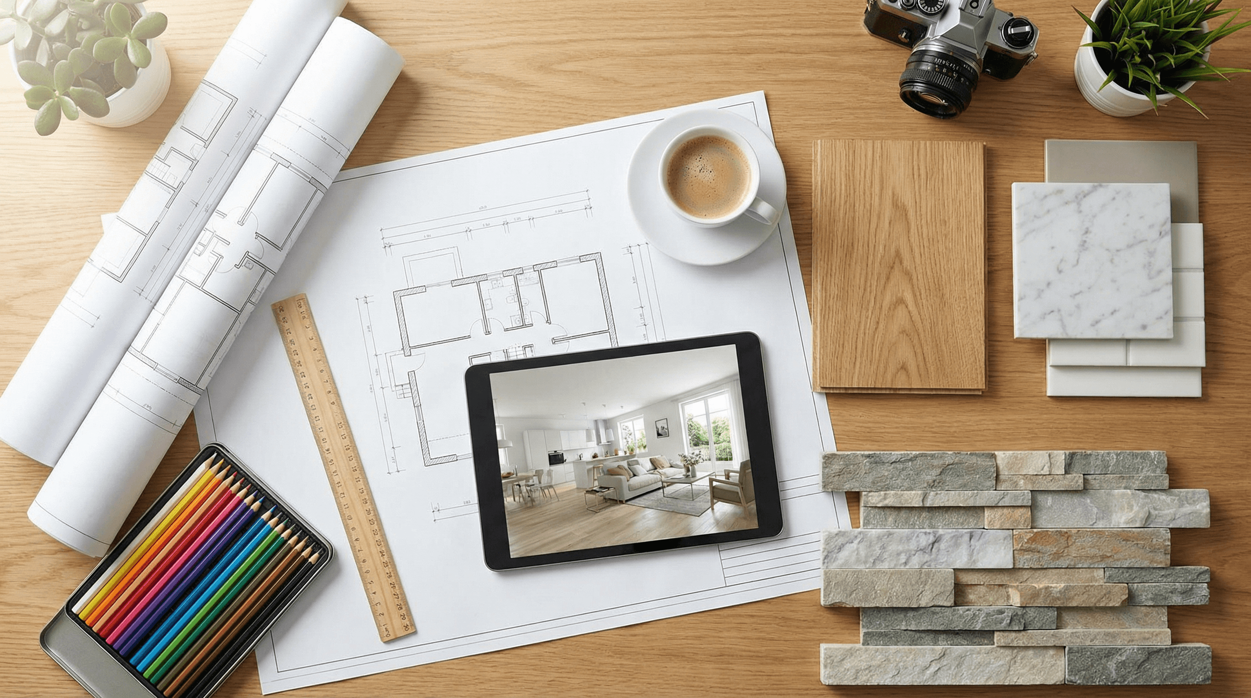 Verbouwing plannen met bouwtekeningen en materiaalstalen